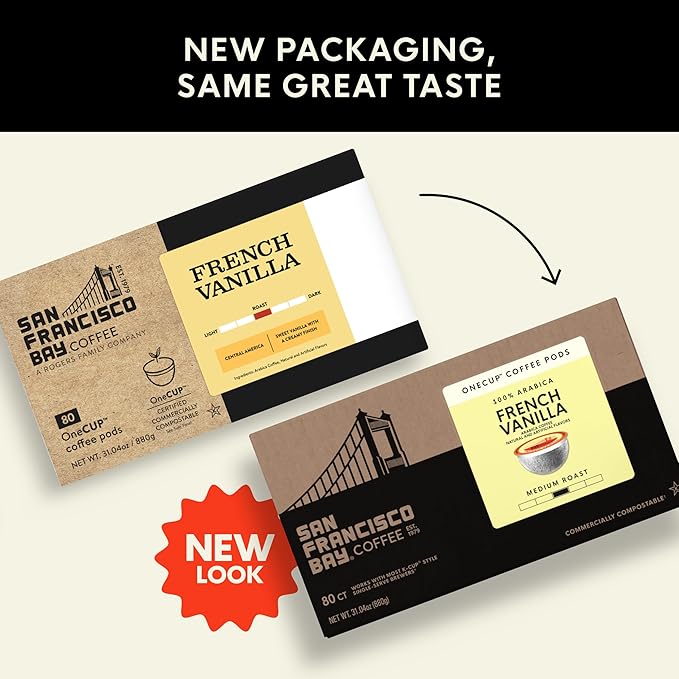 San Francisco Bay Coffee - Flavored Medium Roast - French Vanilla (80 ct) - Single Serve Coffee Pods, Commercially Compostable, K Cup Compatible
