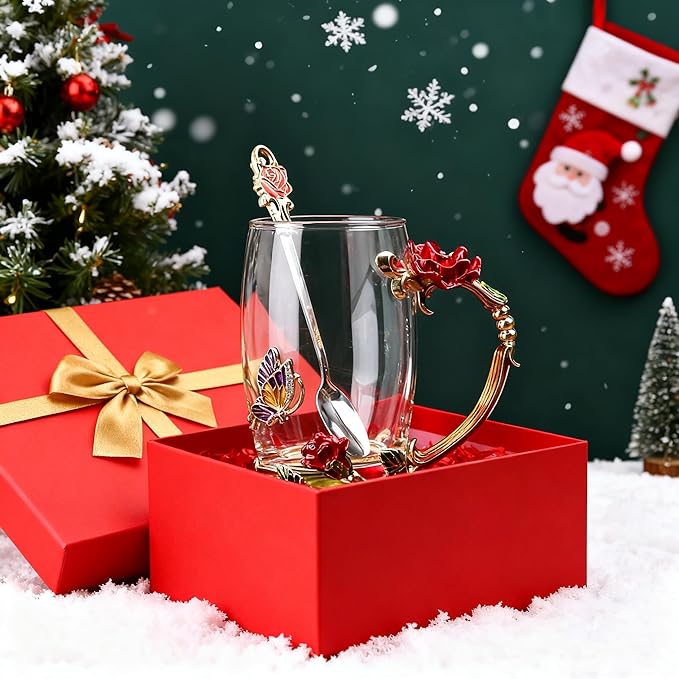 Handicraft Crystal Glass 3D Flower Cups Tea Mug With Tea Spoon Women Coffee, Tea, Juice, Beer, Milk Hot And Cold Drinks Use Gift Package. (Red Rose-Tal)