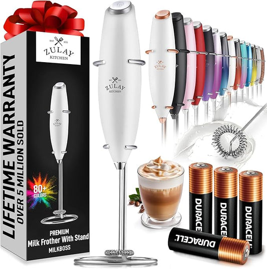 Zulay Kitchen Powerful Milk Frother Wand With 4 AA Duracell Batteries - Ultra Fast Handheld Drink Mixer - Electric Whisk Foam Maker for Coffee, Lattes, Cappuccino, Matcha & Creamer