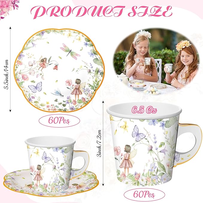 Umigy 60 Sets Tea Party Decorations 6.5 oz Fairy Floral Paper Tea Cups with Handle and Plates Disposable Blossom Teacups and Saucers Sets with Tape for Birthday Hot Cold Drink (Floral,6.5 oz,Blue)