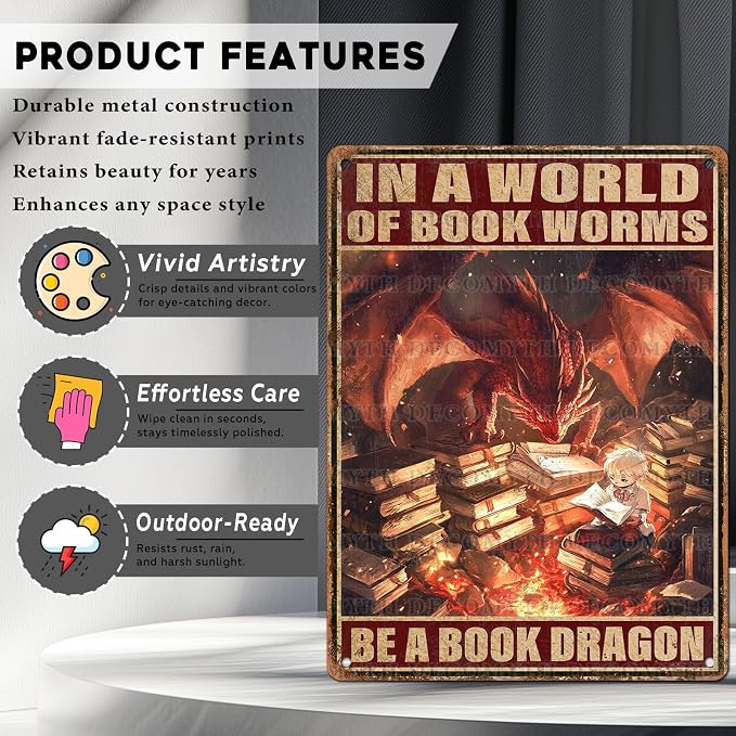 Dragon Vintage Art Wall Decor Sign In A World of Bookworms Be A Book Dragon for Garage Home Bedroom Bar Wall Decor 12 * 16inch - Image 2