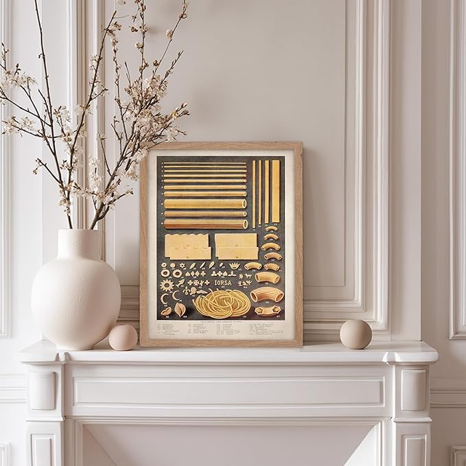 Poster Master Vintage Food & Drink Poster - Retro Pasta Print - Varieties of Pasta Art - Gift for Him, Her, Chef, Cook - Great Decor for Restaurant, Kitchen, Dining Room, 8x10 Beige Framed
