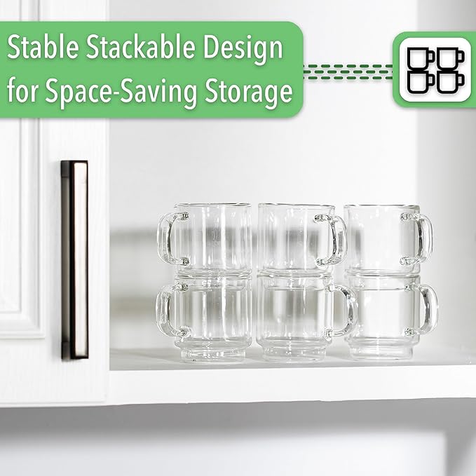 BTaT- Double Walled Stackable Espresso Cups, 2 oz, Set of 6, Clear Demitasse Coffee Mugs, Double Wall Insulated Espresso Cups, Coffee Mugs for Tea, Lattes