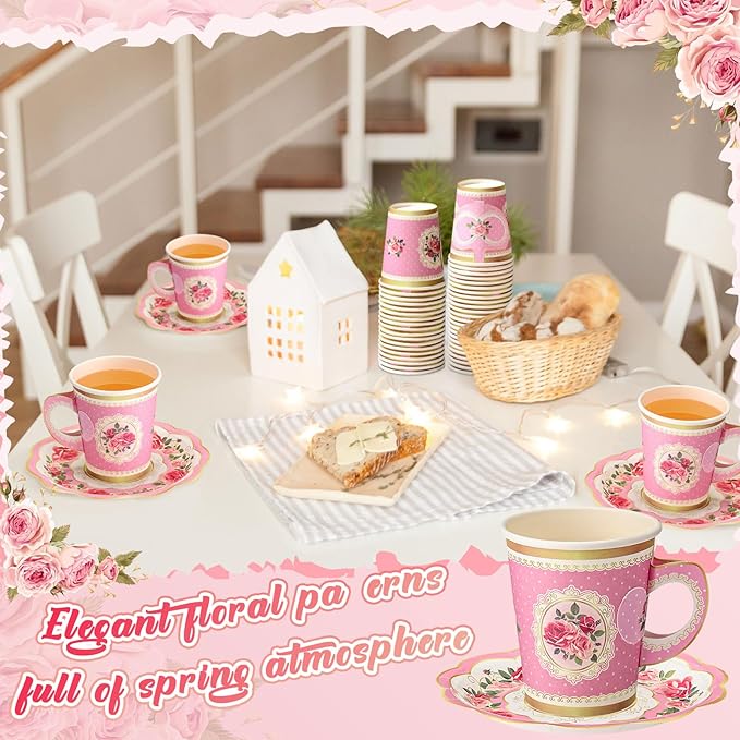 Domensi 60 Pieces Tea Party Decorations Include 30 Pcs 9 oz Paper Cups with Handle and 30 Pcs Tea Party Paper Plates Disposable Blossom Teacups and Saucers for wedding Favors(Classic)
