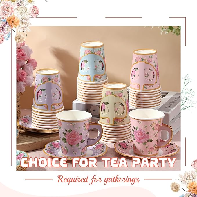 Umigy 36 Sets Tea Party Decorations 9 oz Floral Paper Tea Cups with Handle and Plates Disposable Blossom Teacups and Saucers Sets for Girls Kids Birthday Garden Wedding Party Supplies(Mixed Color)