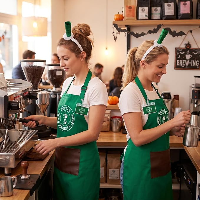 Halloween Coffee Costume Set - Barista Uniforms for Adults | Waterproof Green Aprons, Name Tag, Hairband, Café Attendant Uniform for Adults, Halloween Costume for Party, Role Play Events - Image 4