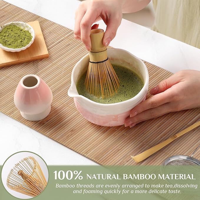 Birthday Gifts for Women: Matcha Whisk Set with Ceramic Matcha Bowl - Bamboo Matcha Whisk & Holder,Bamboo Scoop,Sifter - Complete Matcha Kit 5 Pcs - Gift for Matcha Lovers
