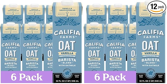 Califia Farms – Vanilla Oat Barista Blend Oat Milk,32 Oz,Shelf Stable,Dairy Free,Plant Based,Vegan,Gluten Free,Non GMO,Milk Frother,Creamer,Blue,(Pack of 12)