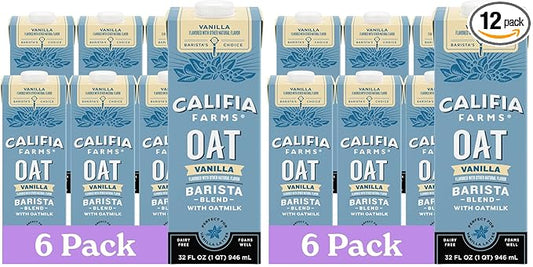 Califia Farms – Vanilla Oat Barista Blend Oat Milk,32 Oz,Shelf Stable,Dairy Free,Plant Based,Vegan,Gluten Free,Non GMO,Milk Frother,Creamer,Blue,(Pack of 12)