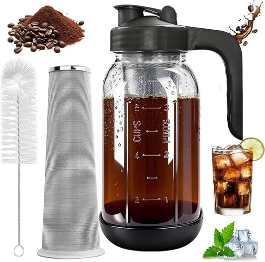 Cold Brew Coffee Maker,64 oz Mason Jar Pour Spout Lid, Coffee Carafe,Refillable Stainless Steel Filter,Non-slip Silicone Sleeve for Glass Pitcher, For Home Baristas & Coffee Enthusiasts
