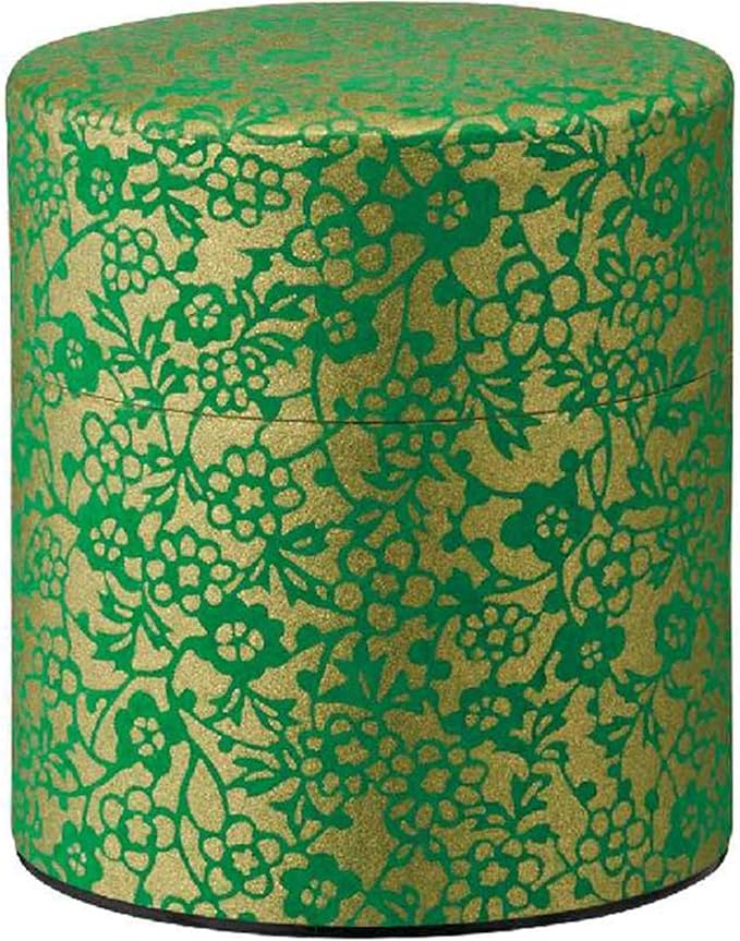 Washi Paper Tea Tin Canister: Wide 5.3oz (150g) Green and gold Flower & Ivy (#81), Japan