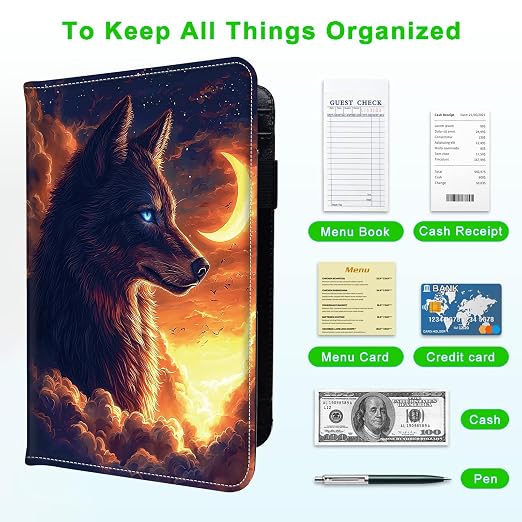 Server Books for Waitress, with 7 Large Pockets, Waiter Serving Book, Waitstaff Server Order Pads, Cute PU Leather Server Book with Pen Holder Fit Server Apron,Wolf at Moonlit Night - Image 5