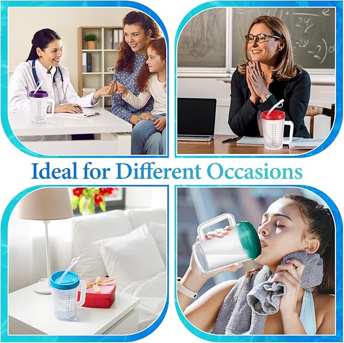 4 Pcs 20 oz Hospital Water Cup with Straw and Lid Insulated Double Walled Elderly Water Bottle Hospital Carafe Mug with Handle Graduated Plastic Drinking Sippy Cup for Adult(Mixed Color)