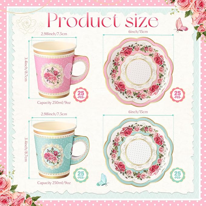 Tioncy 100 Pcs Tea Party Decorations Include 50 Pieces 9 oz Paper Tea Cups with Handle and 50 Plates Disposable Teacups and Saucers Sets for Birthday(Pink and Blue Floral)