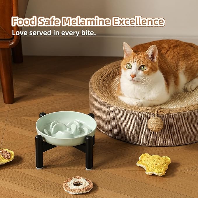 Elevated Slow Feeder Cat Bowl - Melamine Cat Food Plate with Anti-Slip Metal Stand - Raised Maze Dish for Slow Eating - Pale Blue