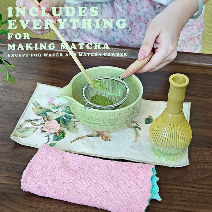 HAVIREST 8 pcs Matcha Whisk Set, Ceramic Bowl and Whisk Stand Spoon Holder Sifter Mat Towel, Japanese Ceremonial Grade Macha Tea Tools Kit, Gift for Women Match Starter Lover (Green)