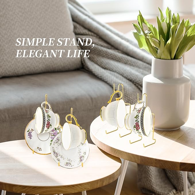 10 Pcs Tea Cup and Sau-cers Display Stand, Metal China Tea Cup Holder Display, Gold Coffee Mug Organizer for Plate Teapot, 6.22 x 2.44 Inches