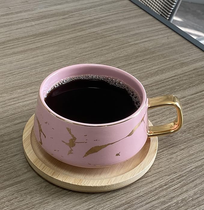 YBK Tech Porcelain Tea Cup Coffee Mug Set for Afternoon Tea - Marble Pattern (Pink, Short 300ml + wood saucer)