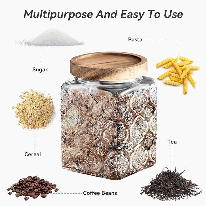 Glass Jar with Lid, Vintage Glass Storage Jars with Airtight Lid Coffee Canister Sugar Container for Kitchen Counter Pantry, Flour, Candy, Tea, Coffee Beans, Oats (Begonia Sunflower Square)