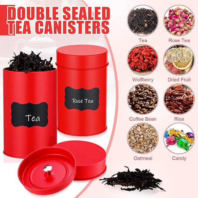 Tanlade 3 Pcs Tea Tin Canister Metal Round Can with Airtight Lid Double Sealed Tea Tin Canisters, with 1 Erasable Chalk Marker and 16 Stickers for Loose Leaf Coffee Sugar, 14 oz