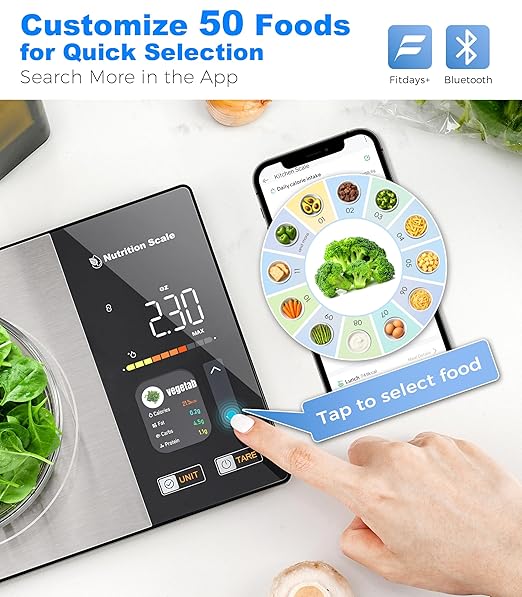Smart Food Scale with Nutritional Calculator, Calorie Scale for Weight Loss, Free App for Scan, Nutrients Tracking, Food Preload, Color Display with 5 Units, Tare, Stainless Steel, 11lb, Grey