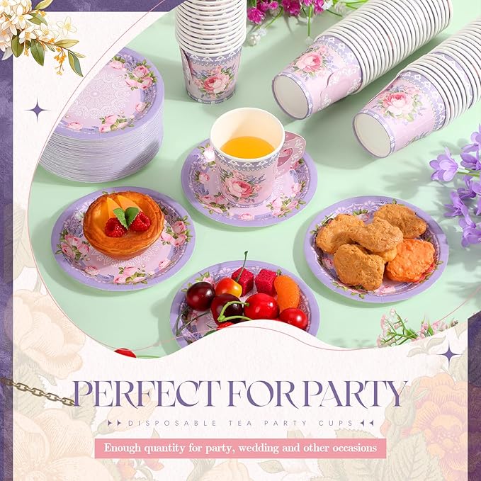 Nuogo 200 Pcs Floral Paper Tea Cups and Saucers 7 oz Disposable Tea Party Decorations Vintage Cute Paper Tea Cups and Plates with Handles for Wedding Baby Bridal Shower Birthday, Serve 100 (Purple)