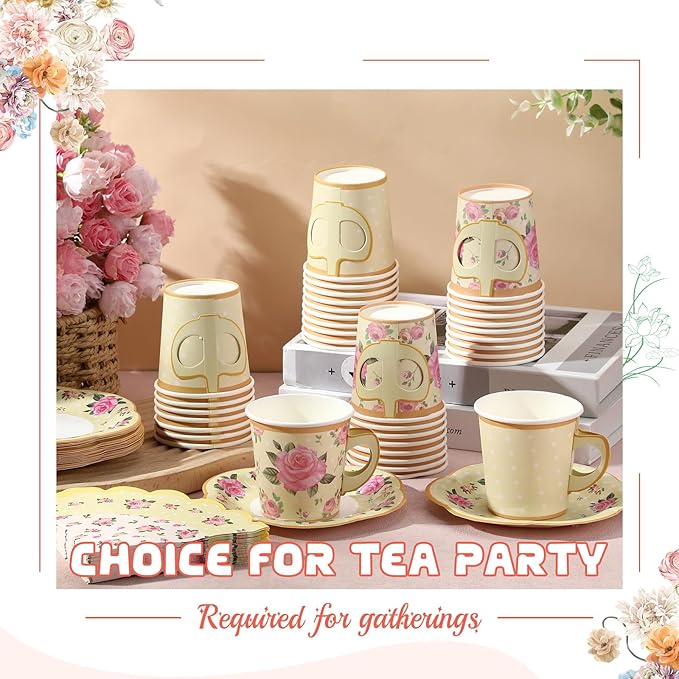 Umigy 36 Sets Tea Party Decorations 6.5 oz Floral Paper Tea Cups with Plates Paper Napkins Disposable Blossom Teacups and Saucers Sets for Girls Birthday Party Supplies(Yellow)