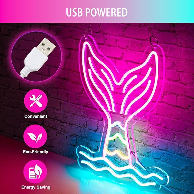 Basaneon Mermaid Tail Neon Sign Dimmable Mermaid Neon Signs for Wall Decor, USB Powered Bright LED Mermaid Lamps for Girls Bedroom, Birthday Christmas Decor, Perfect Gifts for Girls(15.7*12.6inches)