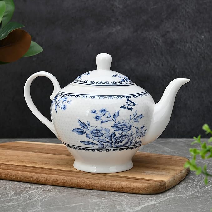 Vintage Indigo Porcelain Teapot 40 oz. Microwave & Dishwasher Safe Tea Pots for Tea, Pots for Women Gift