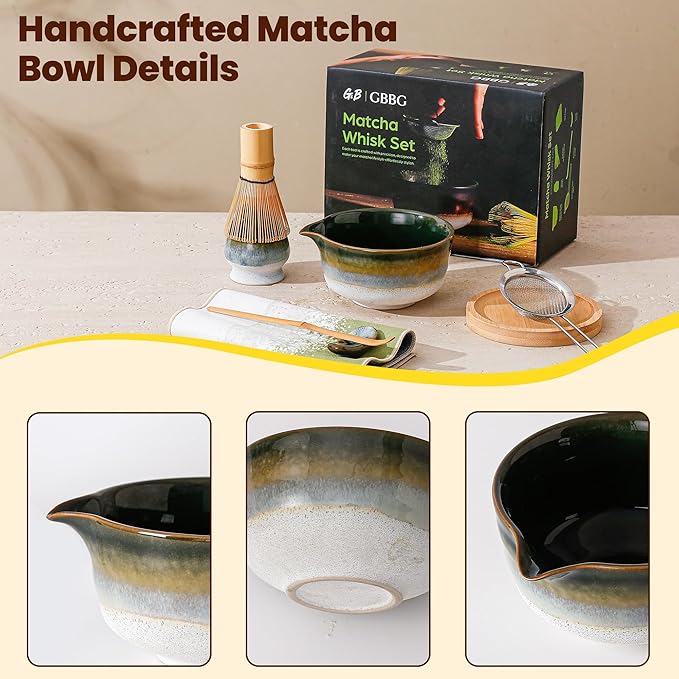 Matcha Whisk Set, Ceramic Matcha Kit Desert Style, Matcha Whisk and Bowl, Bamboo Scoop and Rest, Sifter and Tea Towel, 7 Pcs Gifts for Matcha Lover - Dark Green