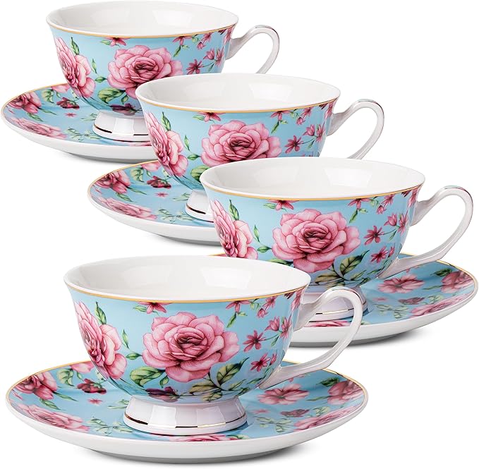 BTaT- Floral Tea Cups and Saucers, Set of 4, 8 oz, Fine Porcelain Teacup Set with Gold Trim for Afternoon Tea, Weddings, Parties & Gifting, Dishwasher Safe and Freezer Safe