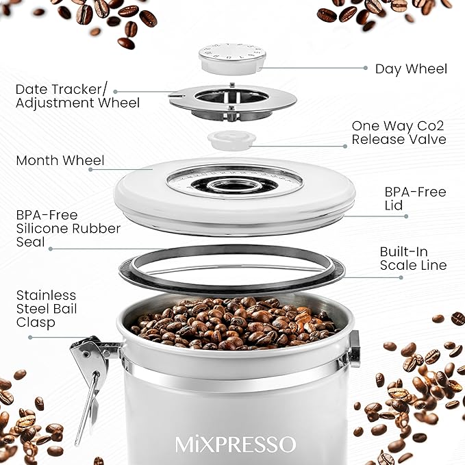 Mixpresso White 16 Oz Stainless Steel Coffee Canister with Scoop – Airtight Coffee Container with CO2 Valve for Bean Storage, Date Tracker Lid