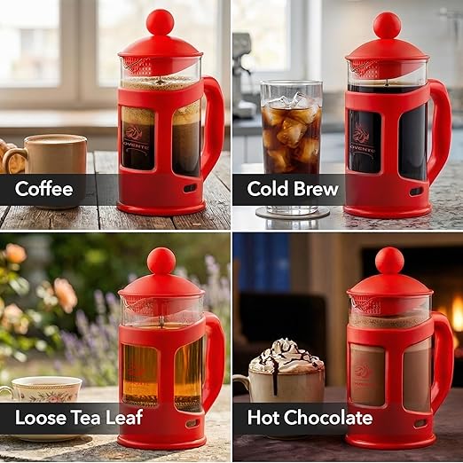 OVENTE French Press Coffee Maker 34 Ounce with Heat Resistant Borosilicate Glass & Stainless Steel 4-Level Filtration System, Portable Cold Brew Coffee Maker for Travel, Camping or Gift, Red FPT34R