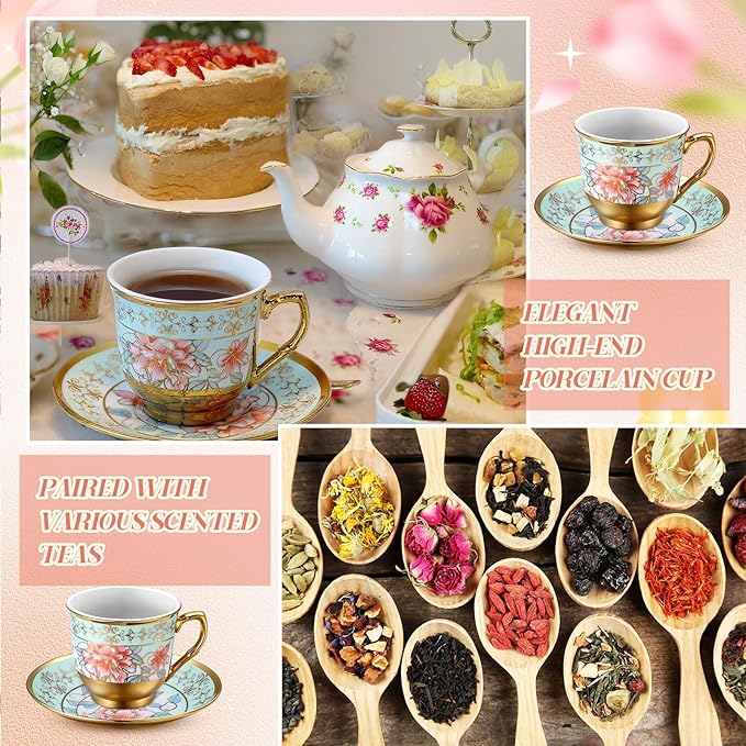 Vintage Floral Tea Cups and Saucers Set of 6 (3 Oz), Porcelain Tea Cup Sets Assorted Colors with Gift Box for Cappuccino, Macchiato, Birthday Party Supply(Green)