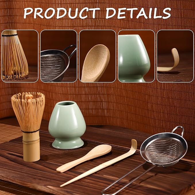 Matcha Whisk Set,Bamboo Matcha Whisk (Chasen),Traditional Scoop(Chashaku),Stainless Steel Sifter,Tea Spoon,Ceramic Holder,Japanese Tea Tools For Ceremony