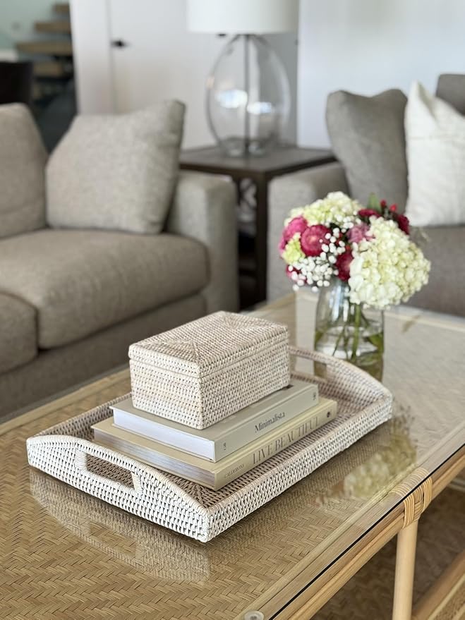 Kouboo, La Jolla Rattan Rectangular Serving Tray, 18 x 13.5 x 2 inch, White Wash
