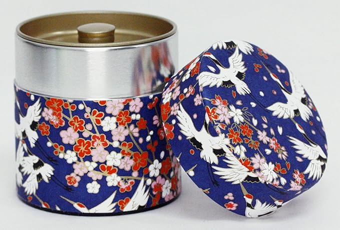 Washi Paper Tea Tin Canister: Wide 3.5oz (100g) Flying Cranes in the Spring (#27), Japan