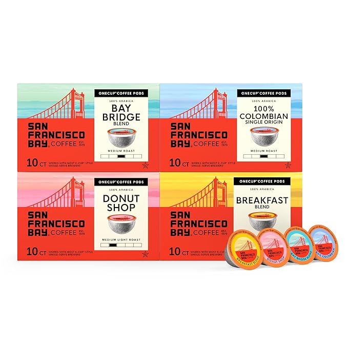 San Francisco Bay Compostable Coffee Pods - Variety Pack Medium Roast (40 Ct) K Cup Compatible including Keurig 2.0, Colombian, Breakfast, Organic Rainforest, Donut Shop