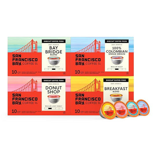 San Francisco Bay Compostable Coffee Pods - Variety Pack Medium Roast (40 Ct) K Cup Compatible including Keurig 2.0, Colombian, Breakfast, Organic Rainforest, Donut Shop