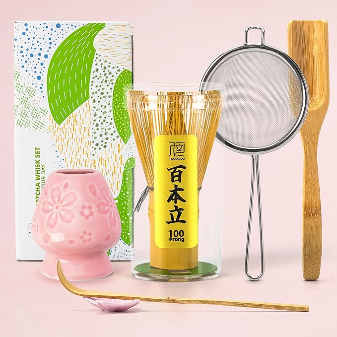 TEANAGOO Matcha Whisk Set,6-PCS Traditional Starter Set,100 Prongs Whisk with Pink Cherry Blossom Holder,Scoop(Chashaku),Bamboo Chasen,Tea Spoon,Ceremony Accessory