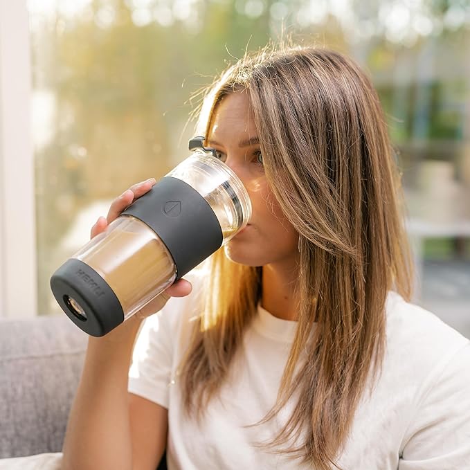 19 oz. Double Wall Glass Coffee Tumbler, To Go Travel Mug with Lid, Portable Glass Thermos with Straw, Reusable Cup, Tea, Smoothies, Ice Coffee, and Boba