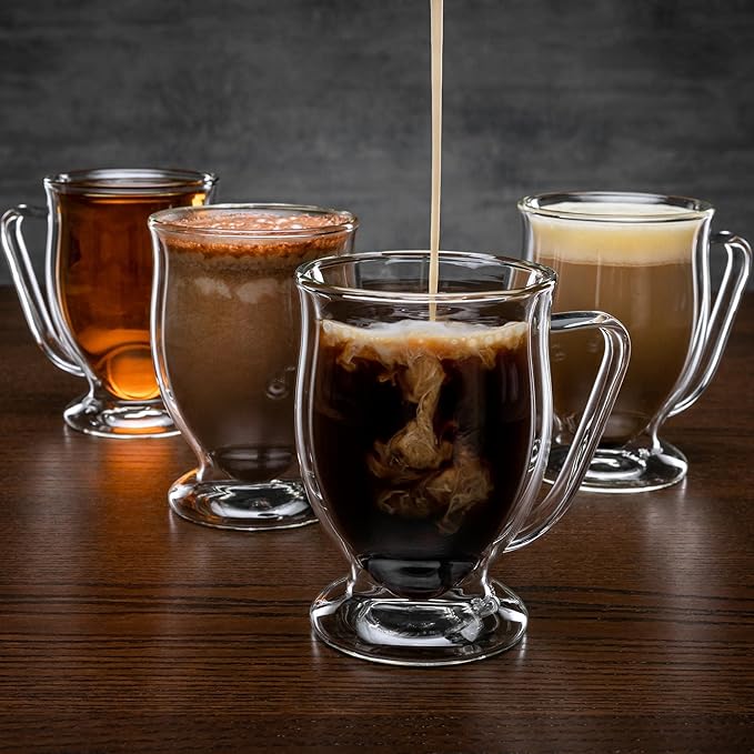 Double Wall Glass Coffee Mugs 11oz Set of 4, Insulated Borosilicate Glass Coffee Cups with Handle - Dishwasher & Microwave Safe Clear Mugs for Cappuccino, Latte, Espresso, Tea