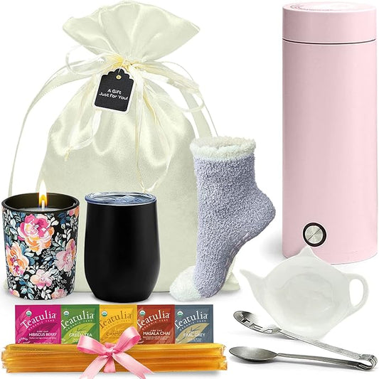 Tea Gift Basket for Women with Portable Kettle and Grippie Socks | Birthday Gift Set for Her, Mom,Wife, Co-Worker, Teacher Appreciation, Get Well