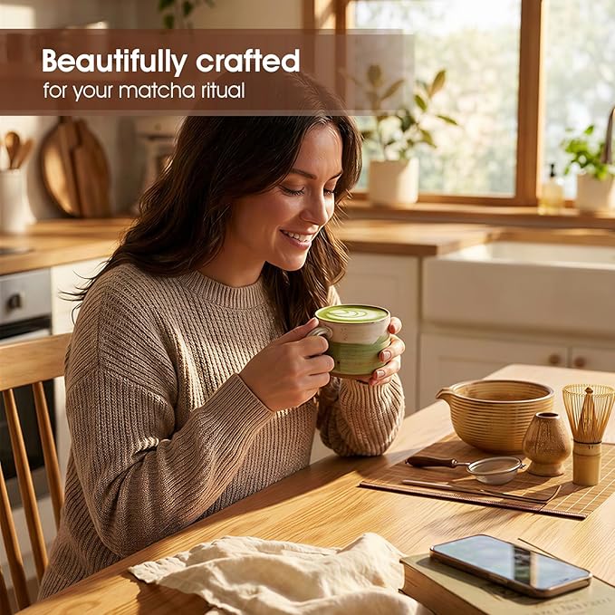 Matcha Whisk Set, 7-Piece Matcha Kit with Ceramic Matcha Bowl, Bamboo Whisk, Scoop & Sifter - Complete Matcha Tea Set Perfect for Beginners & Matcha Lovers (Mottled Yellow)