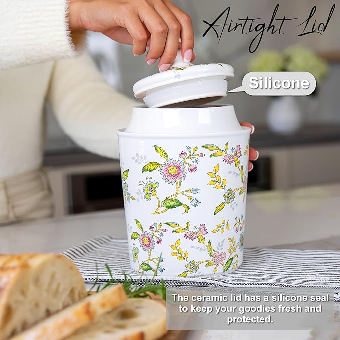 25DOL 60 Ounce Kitchen Ceramic Canister with Lid - Large Air Tight Coffee Grounds Container with Elegant Floral Pattern - Great Airtight Flour Jar, Tea Canister & Cute Cookie Jar