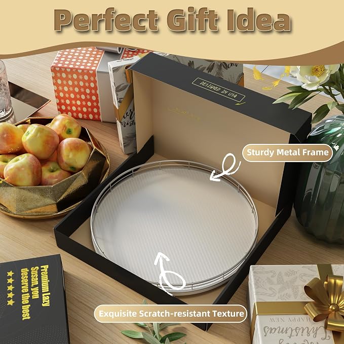 13" Lazy Susan Turntable Organizer for Table Top, Round Wooden Lazy Susan for Cabinet Kitchen Decor Centerpieces Coffee Table, Storage Condiments Spices, Bathroom Vanity Tray for Soap, White - Image 7