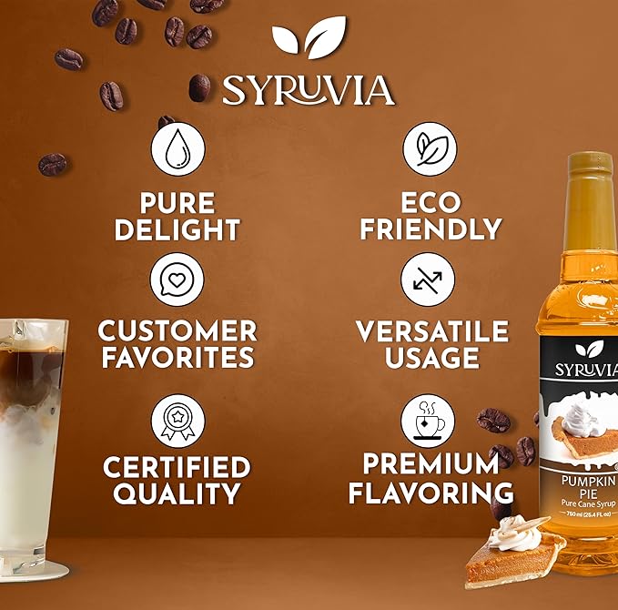 Syruvia Pumpkin Pie Coffee Syrup, Flavored Syrup for Drinks, Lattes, and Desserts – 25.4 fl oz, With Pump