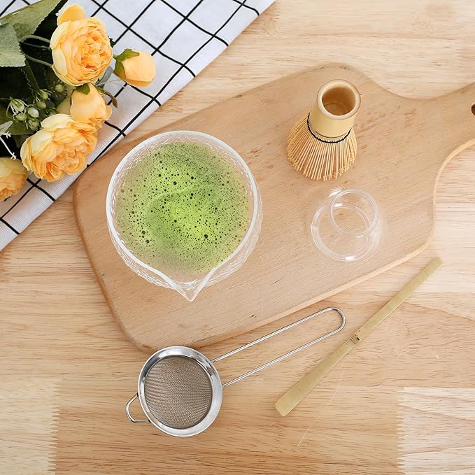 Matcha Whisk Set, 5 Pcs Matcha Set Whisk and Bowl with Spout, Matcha Whisk Holder, Matcha Spoon, Stainless Sifter, Perfect Matcha Kit for Matcha Lover (Glass Transparent)
