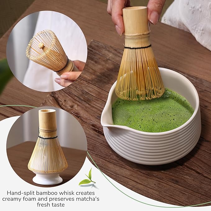 HELPLX Matcha Whisk Set, 10-Piece Japanese Matcha Kit with Bowl, Whisk & Holder, 2 Tea Cups, Bamboo Scoop, Spoon, Sifter, Scoop Rest & Tea Towel – White Matcha Tea Set for Ceremony or Daily Use