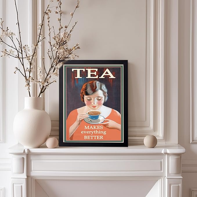 Poster Master Vintage Tea Makes Everything Better Print - Retro Food & Drink Poster - Positive Quotes Art - Gift for Women, Tea Lover - Decor for Kitchen, Teahouse - 8x10 Black Framed